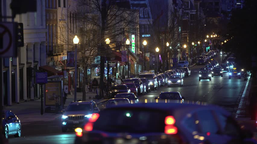 Washington DC/USA - 03/28/2019; Night scene of street traffic on Connecticut Avenue near Dupont Circle
