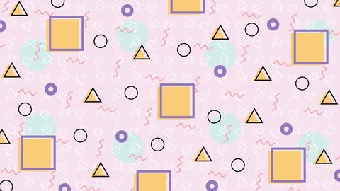 4K multicolor geometric shapes pattern in retro, memphis 80s - 90s style. Animated vintage abstract background. 