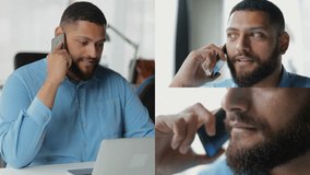 Collage of medium and closeup shots of mixed-race young attractive manager with beard  in office talking on phone, smiling. Work, communication concept