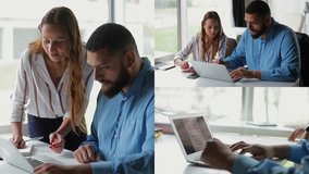 Collage of medium shots of mixed-race young attractive manager and good looking Caucasian colleague in office typing on laptop, filling in some form, helping. Work, support concept