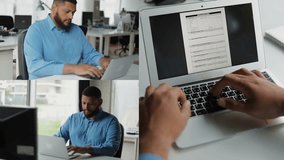 Collage of medium and closeup shots of mixed-race young attractive manager in office typing on laptop, filling in some form. Work concept