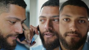 Collage of closeup shots of mixed-race young attractive manager with beard  in office looking at camera, talking on phone. Work, communication concept