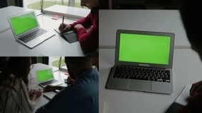 Collage of medium shots of laptop green screens and people working on them. Rear view. Work concept