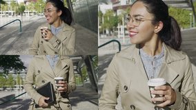 Collage of young brown-skinned woman in glasses and in camel trench walking along building, holding laptop in hand, drinking takeaway coffee. Lifestyle, leisure concept 