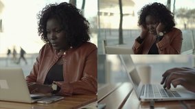 Collage of medium shots of Afro-American young plumpy woman with curly hair in sand leather jacket typing on laptop outside, thinking, massaging head. Work concept
