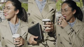 Collage of medium and closeup shots of young brown-skinned woman in glasses and in camel trench walking along building, holding laptop in hand, drinking takeaway coffee. Lifestyle, leisure concept 