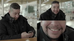 Collage of medium ad closeup shots of middle-aged man with stylish hair-cut in black jacket sitting outside, texting on phone, turning head camera, smiling. Lifestyle, communication concept