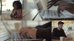 Collage of medium and closeup shots of Afro-American young plumpy woman with curly hair in sand leather jacket and mixed-race man outside typing on laptop outside, thinking. Work concept