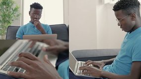 Collage of medium and closeup shots of Afro-American young man in glasses in blue T-shirt sitting at home, working on laptop, feeling tired, massaging head. Work, fatigue concept