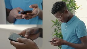 Collage of medium and closeup shots of Afro-American young man in glasses in blue T-shirt indoor texting on phone, googling and swiping information. Lifestyle, communication concept