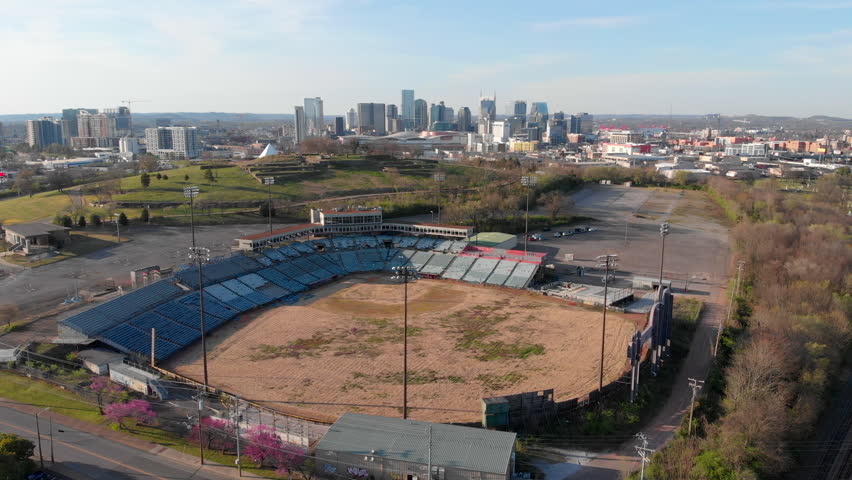 Aerial Nashville Skyline Abandoned Baseball Field Greer Stadium Fly Over 2019