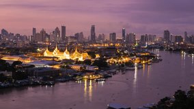 Chao Phraya River Bangkok city motion time lapse scene of sunrise of emerald buddha temple and grand palace urban area 4k video