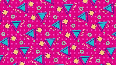 4K multicolor geometric shapes pattern in retro, memphis 80s - 90s style. Animated vintage abstract background.
