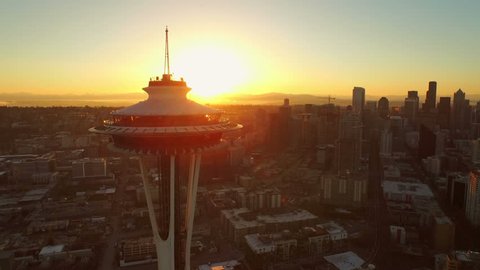 Seattle Aerial v47 Flying low besides and around Space Needle with cityscape views at sunrise. 3/15
