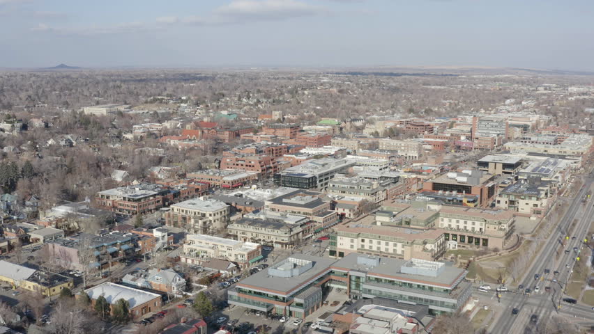 Downtown Boulder Colorado Aerial View Sunny Day Birds Eye View