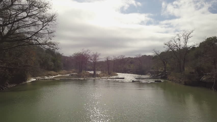 Aerial of river in central Texas hill country