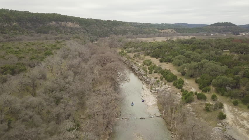 Aerial of river in central Texas hill country