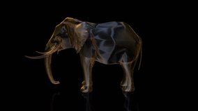 Elephant isolated from low poly wireframe on dark background. polygonal video consisting of points, lines, and shapes. Seamless looping motion animated in virtual space.