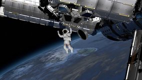 Astronaut Spacewalk, waving his hand in the open space. International Space Station ISS revolving over earths atmosphere. Elements of this video furnished by NASA.