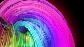 4k colorful looped animation of a rainbow colors tape with neon light moving in a circle as abstract background with lines and ribbons. Luma matte is included as alpha channel for compositing. 26