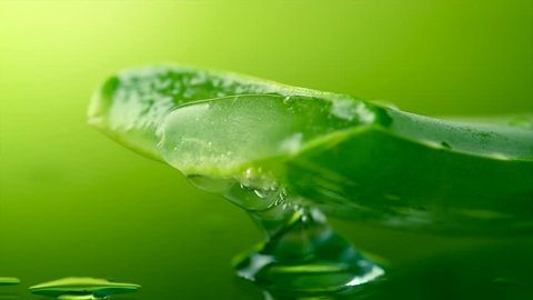 Aloe Vera Gel dripping from Aloe green leaf close-up. Skin care, healthcare concept. Drop of Aloevera fresh juice macro shot. Alternative medicine. Moisturizing. Slow motion 4K UHD video