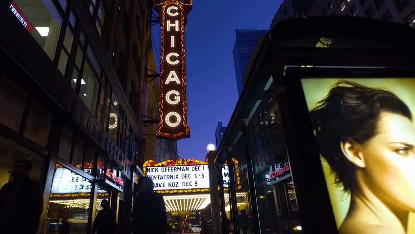 Chicago Illinois USA November 24 2017 Chicago Theatre Sign and Entrance Walking Footage on Autumn Night Royalty-Free Stock Footage #1026630908