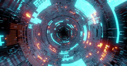 4K seamless loop flying into spaceship tunnel, sci-fi spaceship corridor. Futuristic technology abstract seamless VJ for tech titles and background. Motion graphic for internet, speed. 3D render