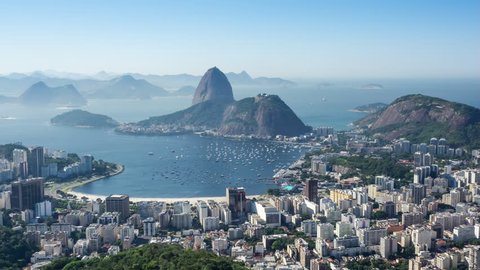 Timelapse view of Sugarloaf Mountain and Rio de Janeiro cityscape, Rio de Janeiro, Brazil. 