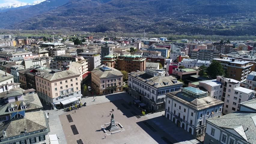 City of Sondrio, Garibaldi Square. Aerial view. Valtellina (Italian Alps)