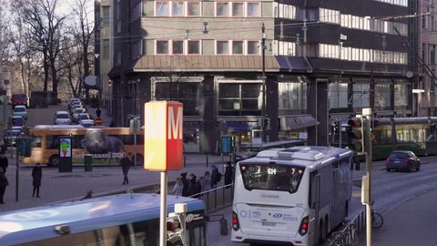 Public transport, including buses, trams and Metro-sign in the centre on Helsinki