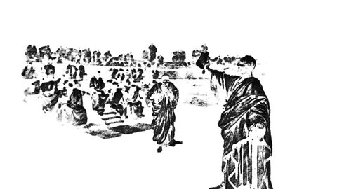 Animated scene of Cicero before the Roman Senate denouncing Catalina. 