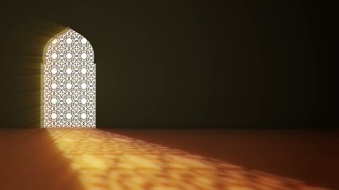 Islamic interior mosque window or door with beam of ray light coming inside . Ramadan Kareem islamic motion background. 3d animation.