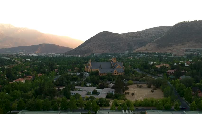Aerial of giant church in La Dehesa luxury district, Santiago, Chile