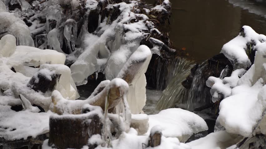Closeup shot of a small stream running through melting snow and ice