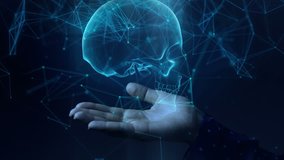 Blue hologram humans skull structure rotating in a woman hands. Futuristic medical concept. - Powered by Shutterstock - Get 15% off with code: PIKWIZARD15