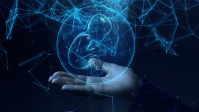 Blue hologram baby inside the sphere rotating in a woman hands. Futuristic genetic concept. - Powered by Shutterstock - Get 15% off with code: PIKWIZARD15