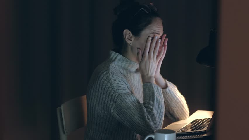 Beautiful Woman takes off his glasses and rubbing tired eyes. Female yawn and want to sleep. Problem with glasses, eyesight or vision. Working late with computer. Astigmatism, myopia or insomnia. | Shutterstock HD Video #1026688349