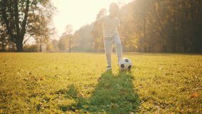 happy child playing together with ball in football on summer day, green grass and field background, Drone 4K Video
