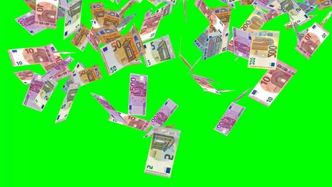 animate euro currency banknotes come as rain fallen from sky on green screen background