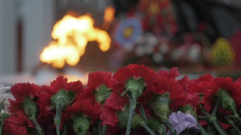 Flowers on the defocused Eternal flame background. Victory Memorial to Soviet Army in Russia. Day, rain, may.