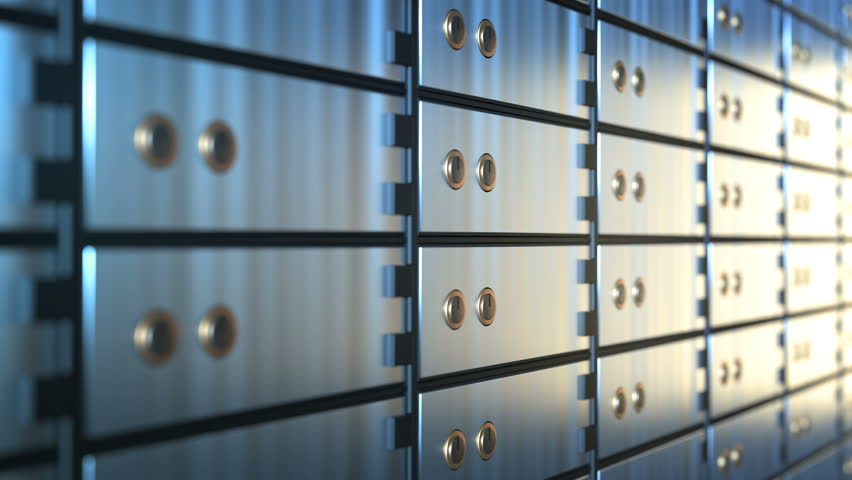Camera moves along Safe Deposit Boxes in a bank vault room, seamless infinite loop Royalty-Free Stock Footage #1026691415