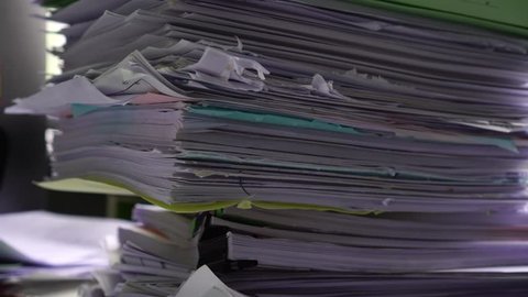 Piled heap high recycle documents folders, Stack business paper on desk messy or paperwork in office. Old Document achieves in print folder doc forms, use recycling for save