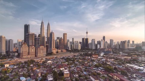 KUALA LUMPUR, Malaysia - March 31st 2019 : Time lapse : Beautiful cityscapes architecture view at capital city of Malaysia from evening to blue hours. 4K resolution. Zoom in motion timelapse