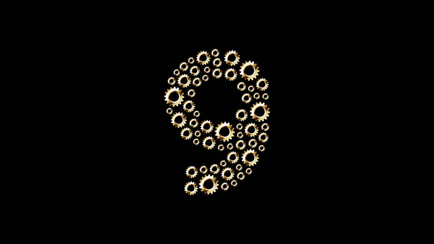 Alphabet set letter number countdown nine to zero, Engineering Gear pattern, Teamwork system concept design illustration gold color isolated on black background animation 4K with alpha matte channel