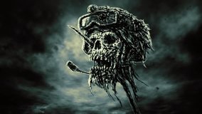 Dead zombie soldier head in helmet on pin. Dark sky background. Animation in horror genre. Blue color.
 - Powered by Shutterstock - Get 15% off with code: PIKWIZARD15