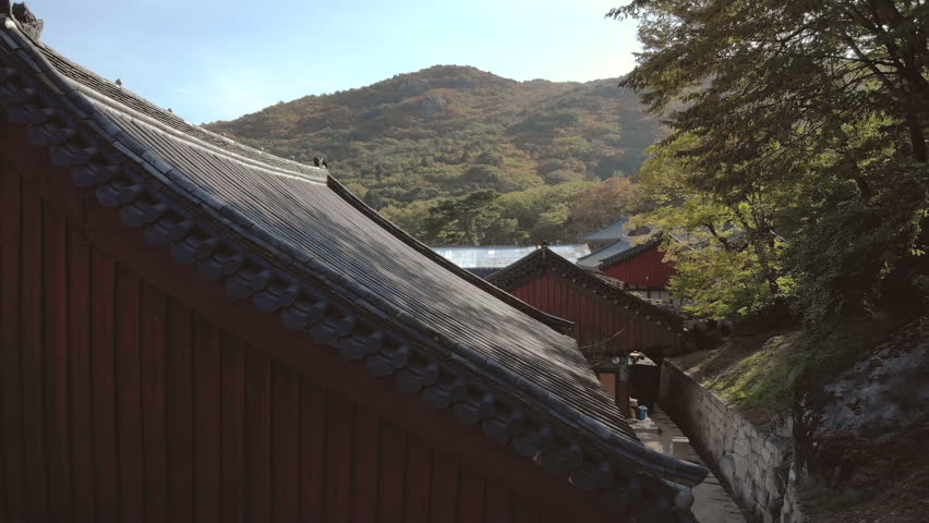 Aerial shot of close the temple roof. Pagoda at Sunrise in Autumn.