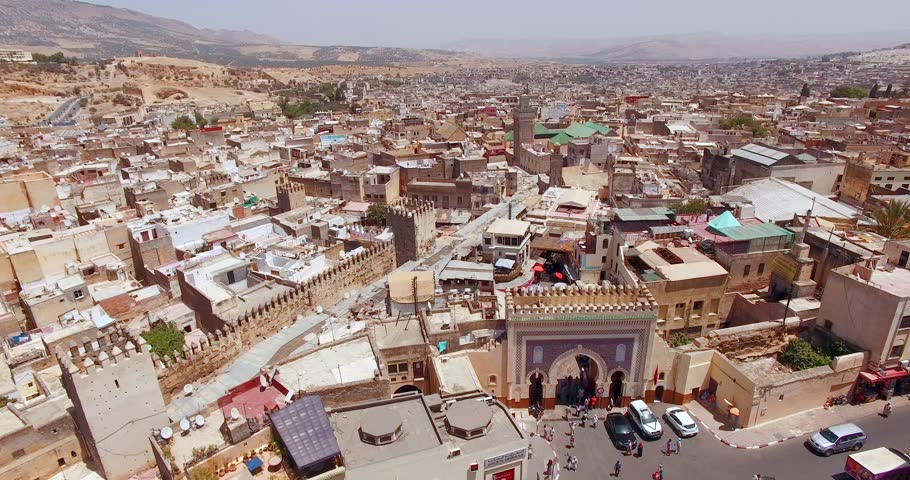 FEZ, MOROCCO. Panoramic aerial 4K view of the Old Medina. Historic area in sunny day. Royalty-Free Stock Footage #1026727958