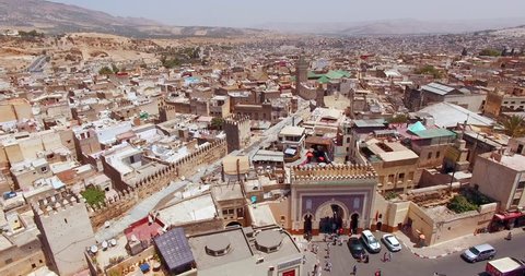 FEZ, MOROCCO. Panoramic aerial 4K view of the Old Medina. Historic area in sunny day.