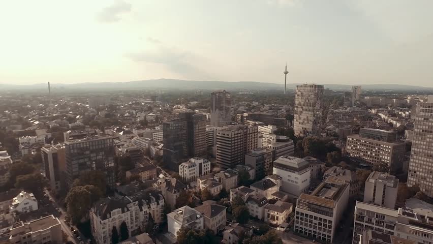 FRANKFURT, GERMANY. Aerial flying over the futuristic skyline the business and financial centre of Frankfurt am Main. Landmark of Western Europe.