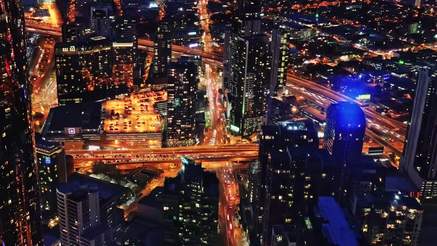 Aerial Melbourne Night Time Lapse, Car Traffic
